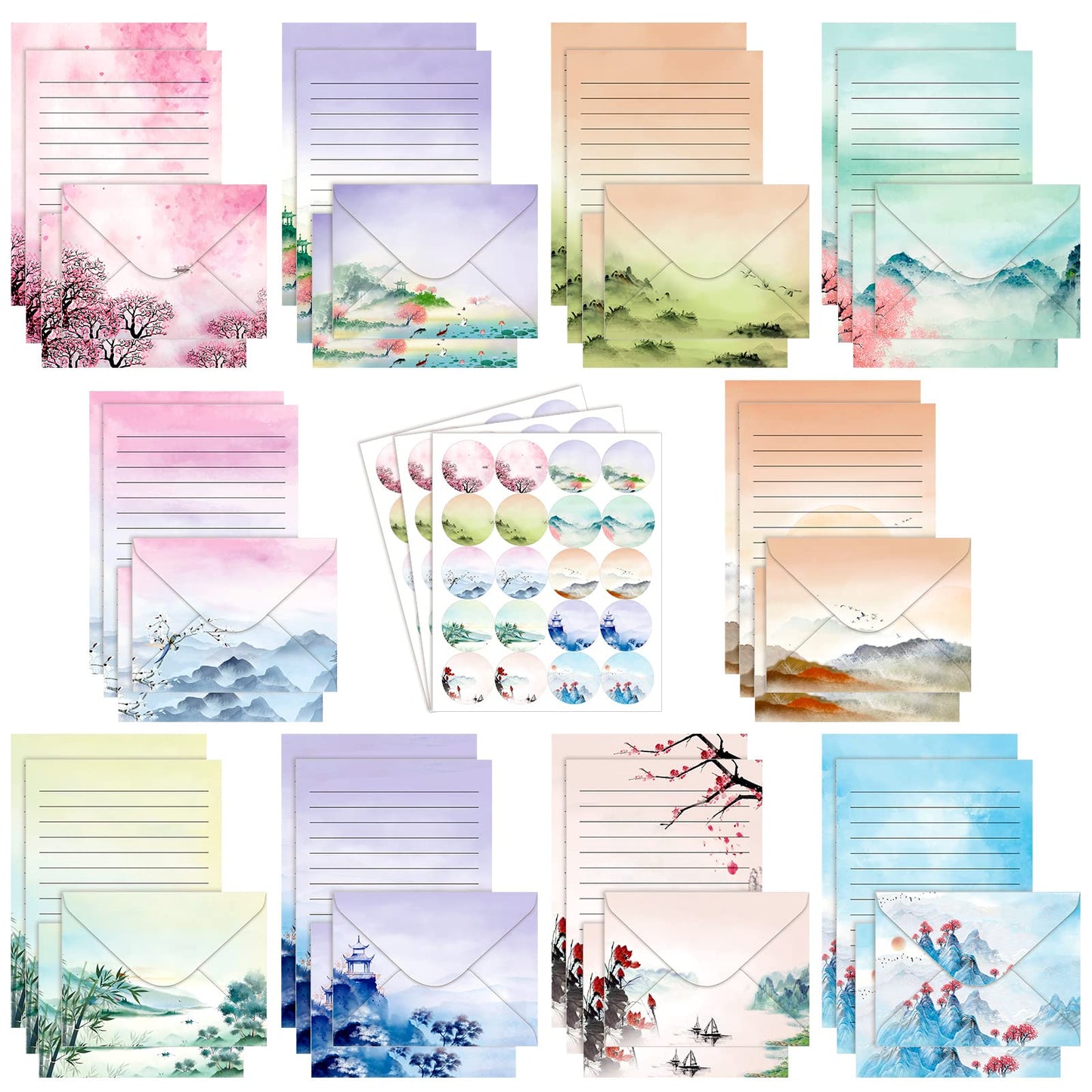 TaoBary 160 Pcs Stationery Paper Set 50 Double Sided Stationery Papers with 50 Matching Envelopes and 60 Round Dot Sticker, 10 Design(Ink Painting,5.5 x 8.25 Inch)