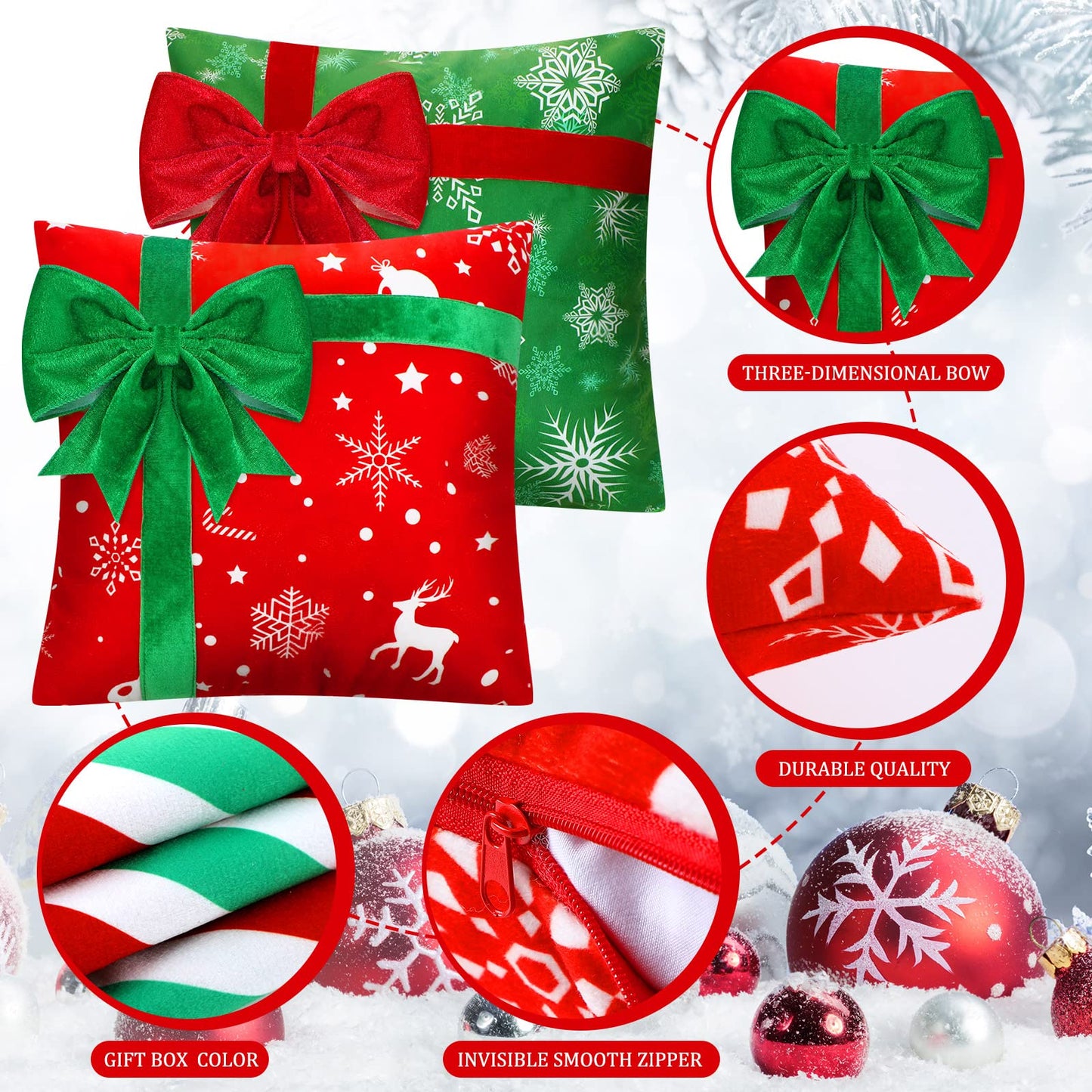 Kingdder Christmas Pillow Covers 18 x 18 Inch Set of 4 Farmhouse Xmas Throw Pillow Cases Gift Box Style Red Green White Snowflake Bow Decoration for Couch Holiday Sofa Cushion Decor