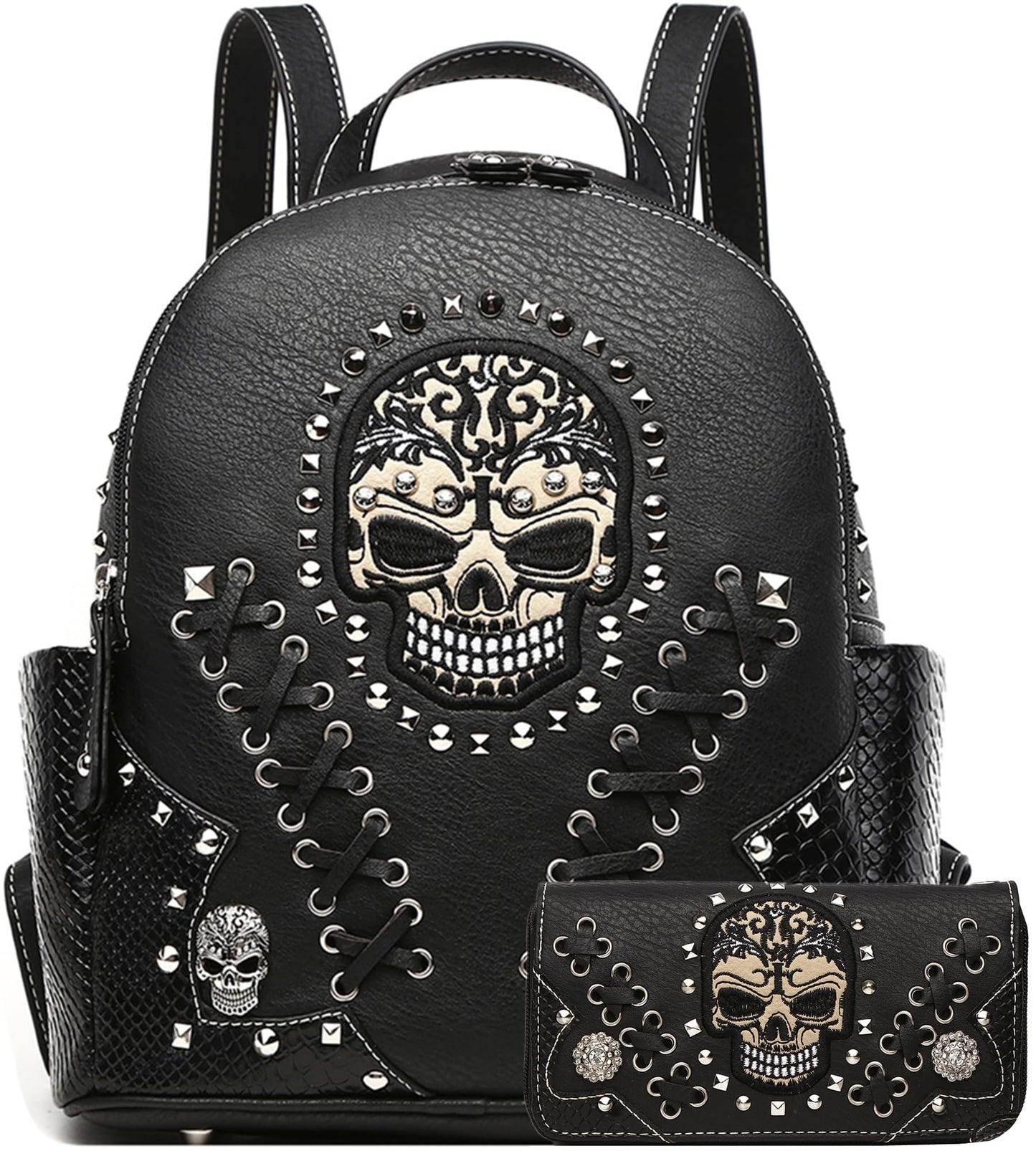 Cowgirl Trendy Sugar Skull Punk Art Rivet Stud Biker Purse Women Fashion Backpack Python Daypack Shoulder Bag Wallet Set (Black Set)