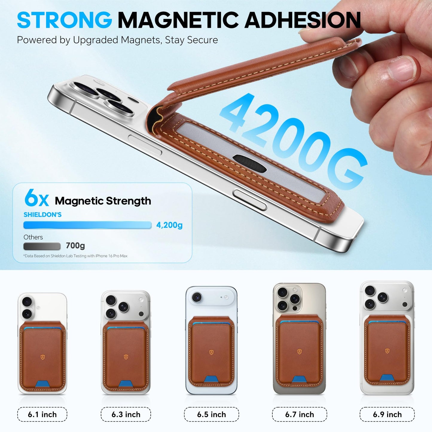 SHIELDON Genuine Leather Card Holder for Phone, Strong Magnetic Wallet for MagSafe with Adjustable Stand, RFID Blocking Mag Wallet for iPhone 17/17e/16/15/14/13/12/Pro/Max/Air/Plus Men & Women - Brown