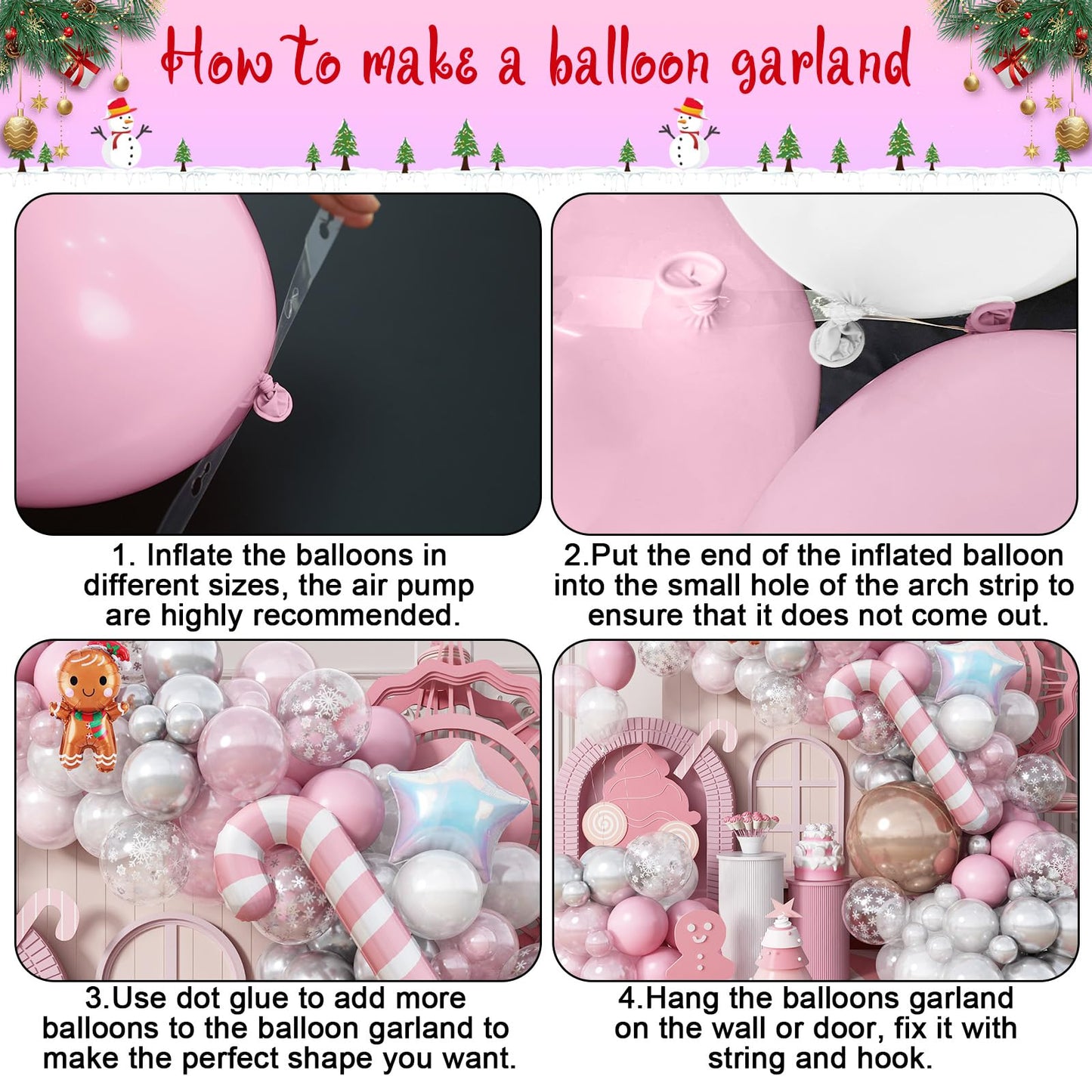 Pink Christmas Decorations Arch Kit, 120 PCS Xmas Balloons with 4D Rose Gold Candy Cane Iridescent Snowflakes, Pastel Pearl Pink Silver Balloons for Gingerbread Decor