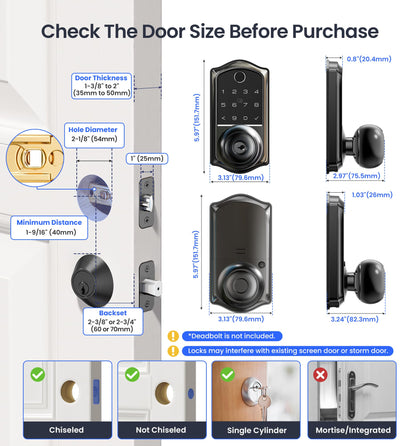 Veise VE018 Smart Knob Handle Lock - Fingerprint, App Control, Keyless Entry for Front Door and Bedroom, Electronic Digital Keypad, Auto Lock, Remote Access Sharing, Easy Installation, Matte Black