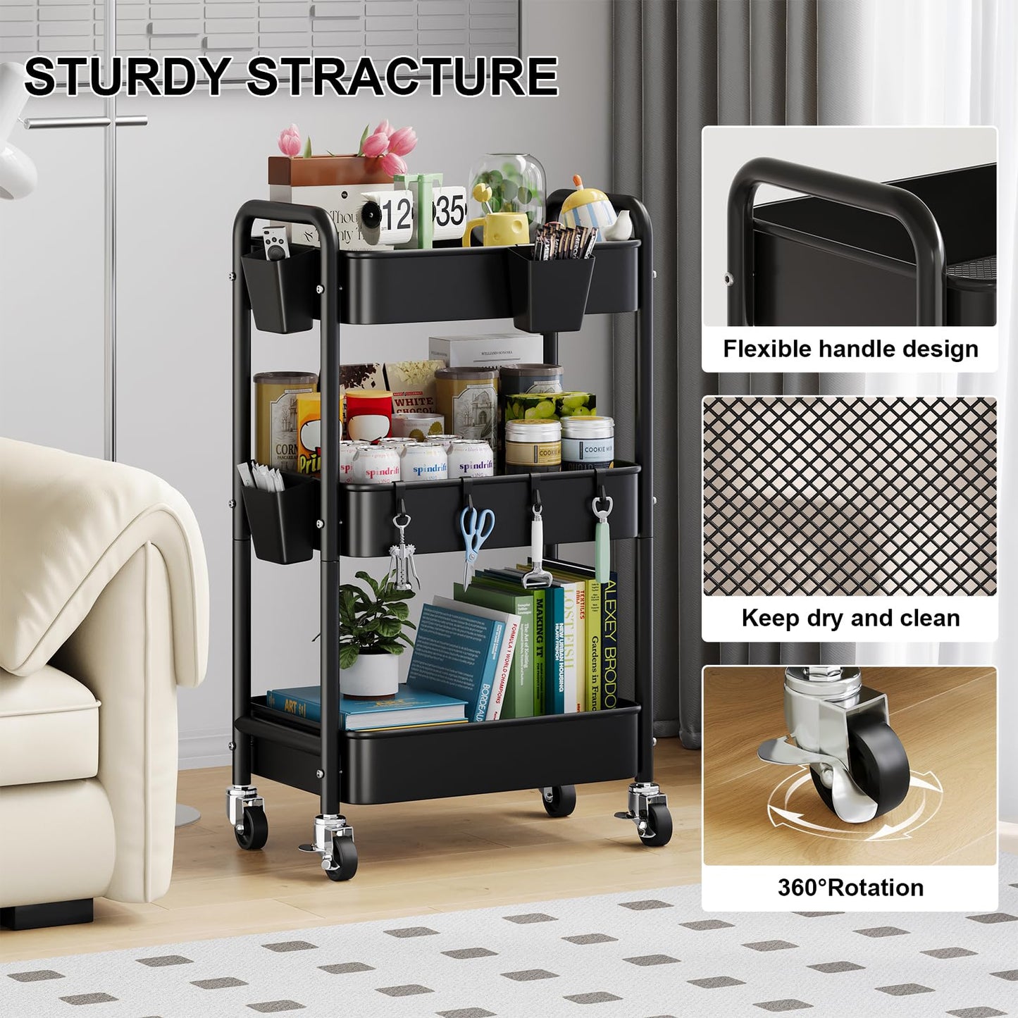 3 Tier Rolling Cart Metal with Wheels, Black Three Tiered Art Cart Organizer on Wheels, Storage Utility Trolley Carts for Kithcen, Craft, Nail, Lash, Makeup, Salon,Bedside, Bathroom, Office, Snack