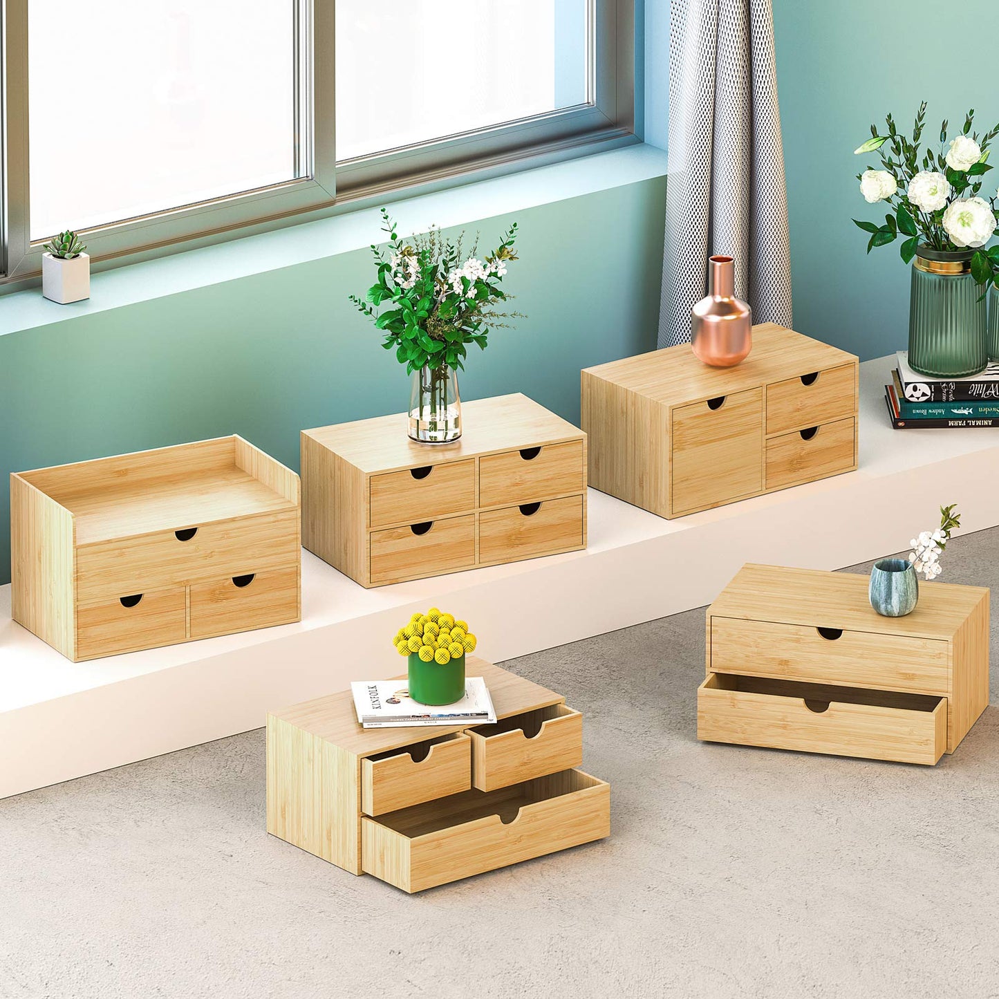 Desk Organizer with Drawers - Bamboo Desktop Organizers Storage | Wood Makeup Organizer for Bills, Office Supplies, Cosmetics, Seals, Kitchen Utensils, No Assembly Required