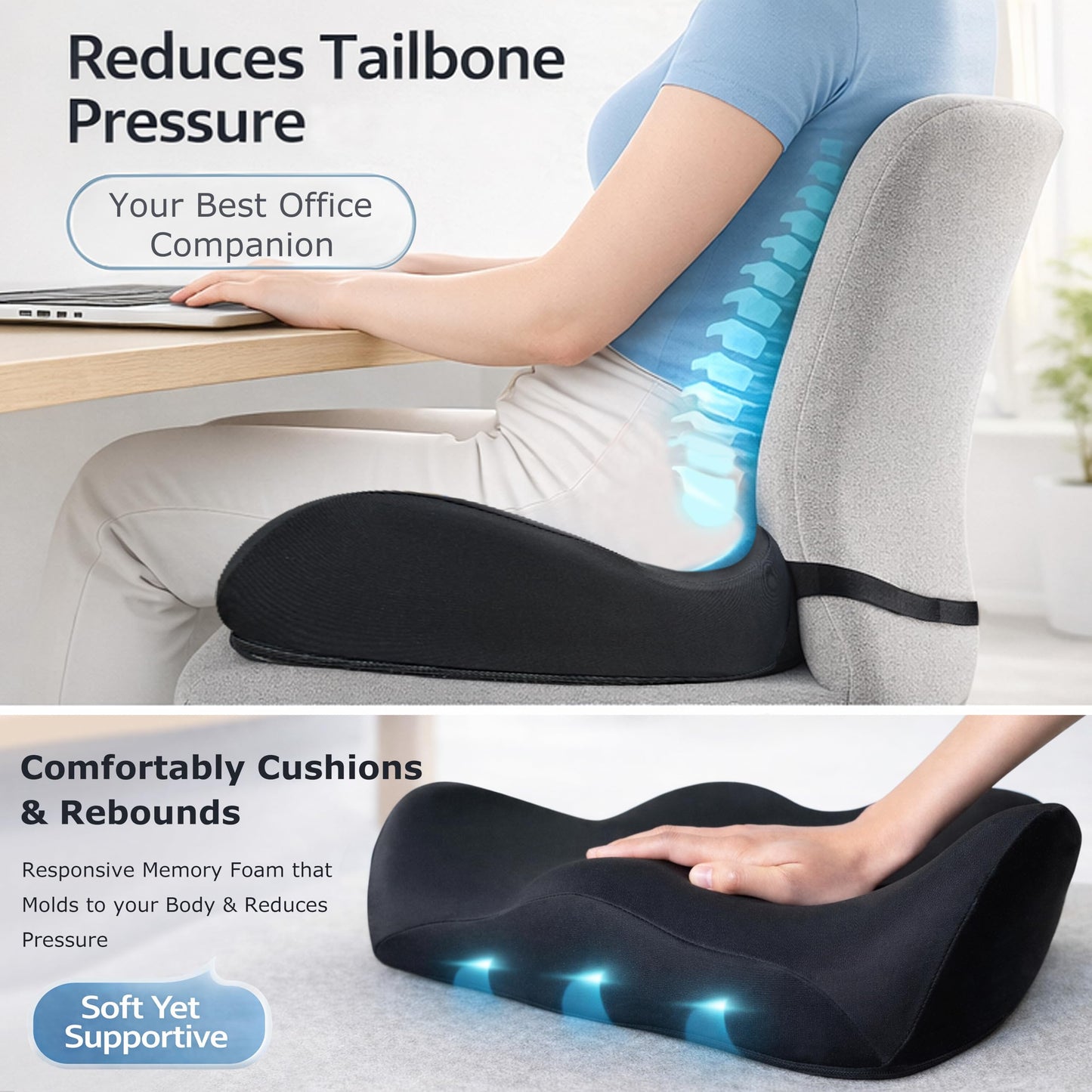 EaseDrives X Large Memory Foam Seat Cushions for Office Chairs, Long Sitting Pressure Relief Ergonomic Office Chair Cushion for Butt Coccyx Tailbone Sciatica, Car Seat Booster for Height (Black)
