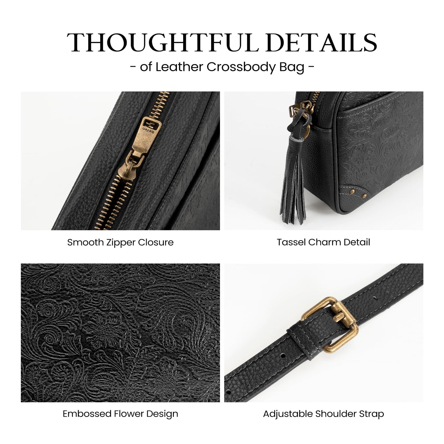 befen Black Crossbody Purses for Women Embossed Genuine Leather Small Handbag with RFID Blocking Anti-Theft Cross Body Bags for Daily Travel