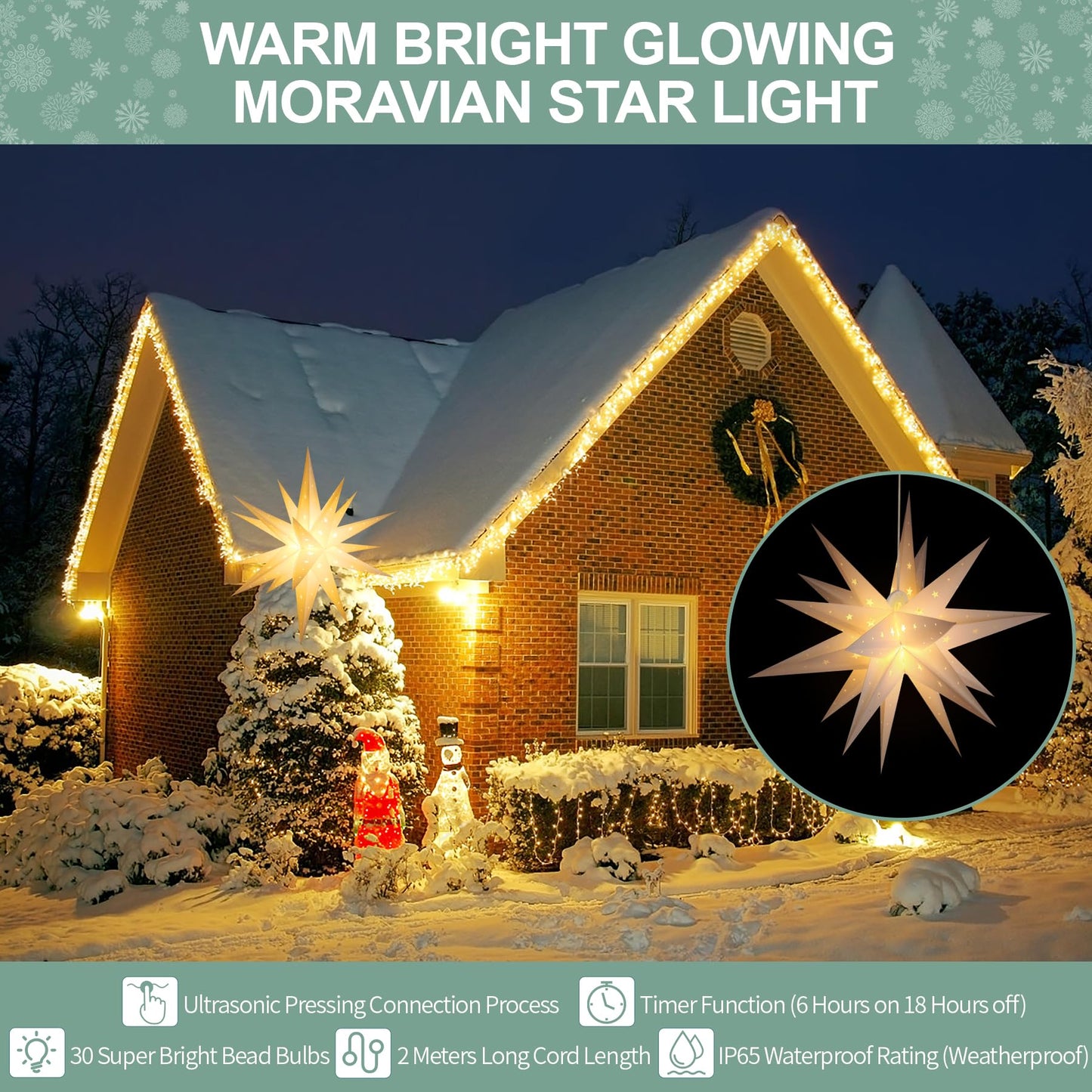 18" White LED Moravian Star Outdoor Light,Waterproof 3D Christmas Tree Topper Lamp with Timer Function,Hanging Outdoor Christmas Light for Holiday Porch Room Party Decoration