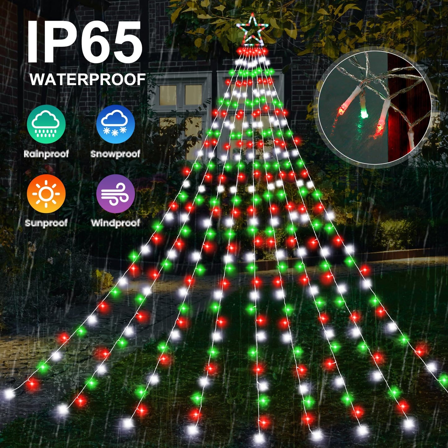 Christmas Decoration Lights, Outdoor Christmas String Lights 320 LED 11.5 Ft Waterfall Tree Light with Big Star Topper 8 Light Modes for Xmas New Year Holiday Garden Yard Indoor Outdoor Decor
