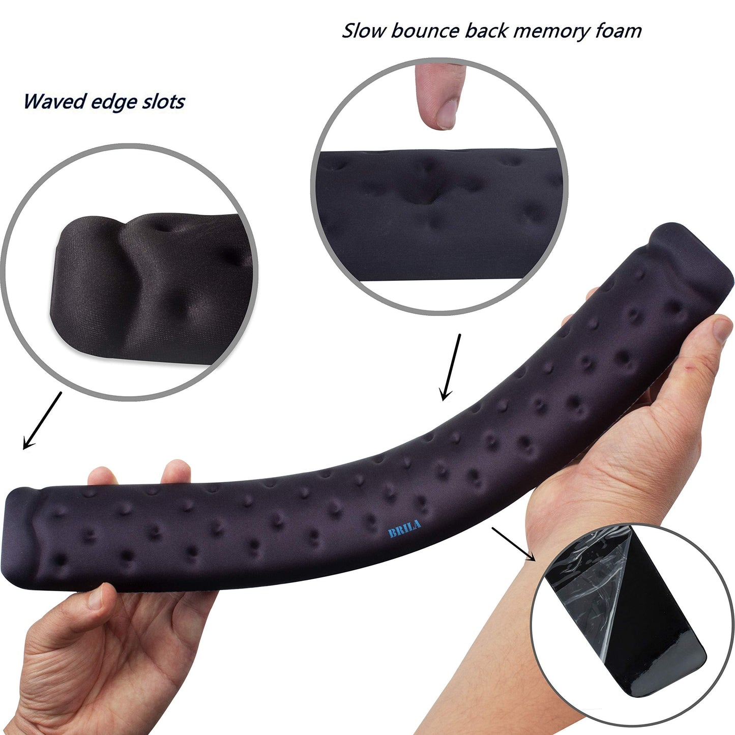 BRILA Keyboard Wrist Rest Support Cushion Pad for Computer, Laptop, Office Work, PC Gaming - Memory Foam Gel with Massage Holes Design - Non-Slip Easy Typing Wrist Pain Relief (Black Keyboard Pad)