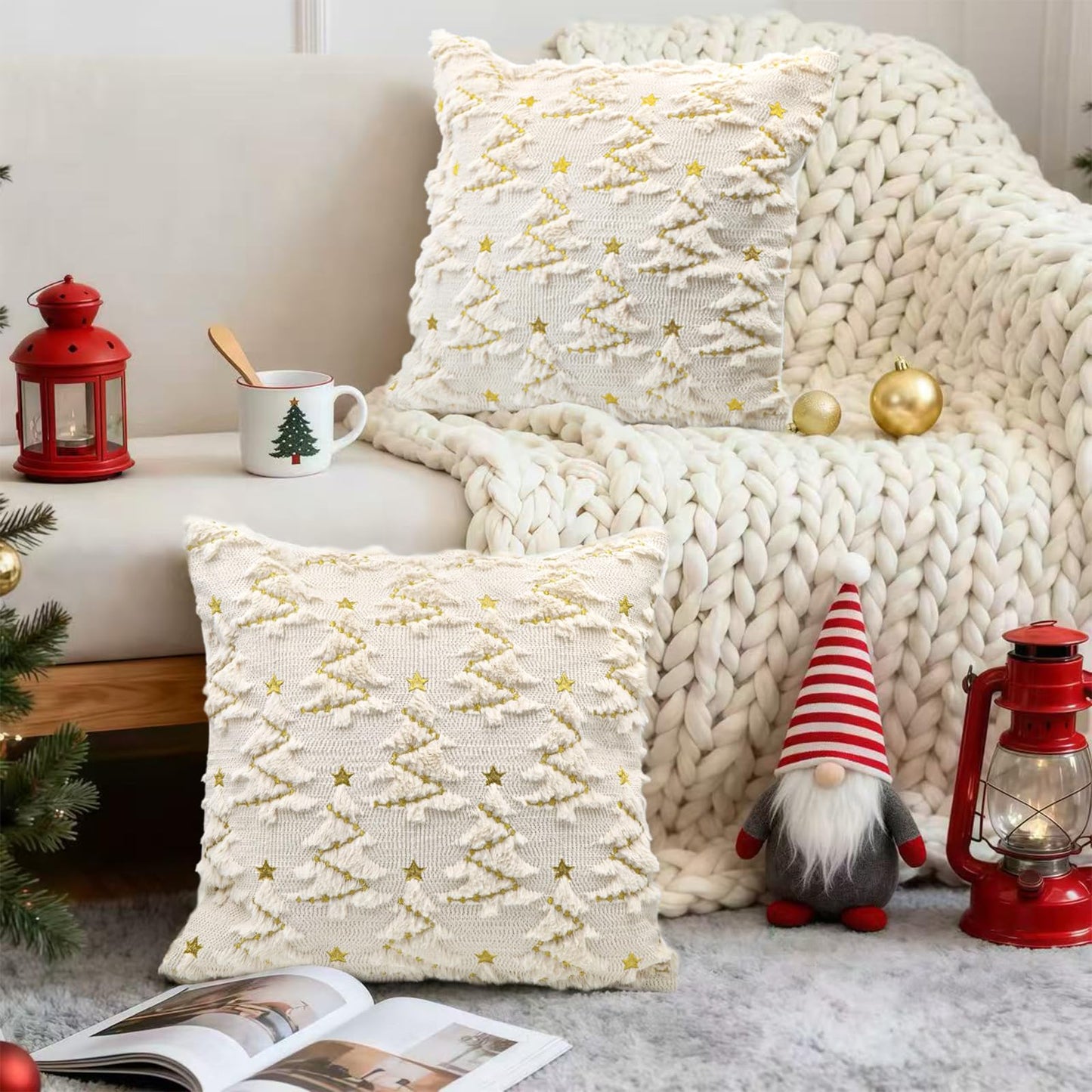 YIOTJUNL Christmas Pillow Covers 18x18 Set of 2 Soft Plush Embroidered Cushion Covers Decorative Gold Star Beige Christmas Tree Throw Pillow Cases Decorations for Winter Holiday Sofa Home Decor
