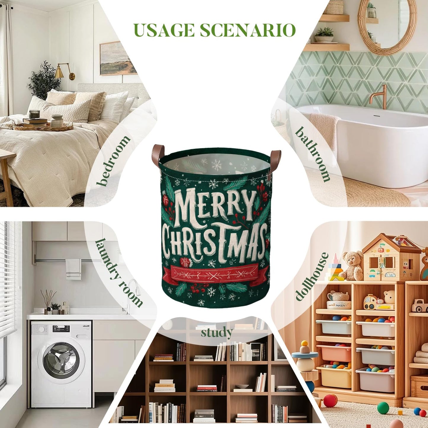 Vintage Merry Christmas Art Laundry Hamper, 15.75x19.7" Large Canvas Clothes Basket with Leather Handles, Retro Dark Green Holiday Storage Bin for Bedroom Bathroom Playroom