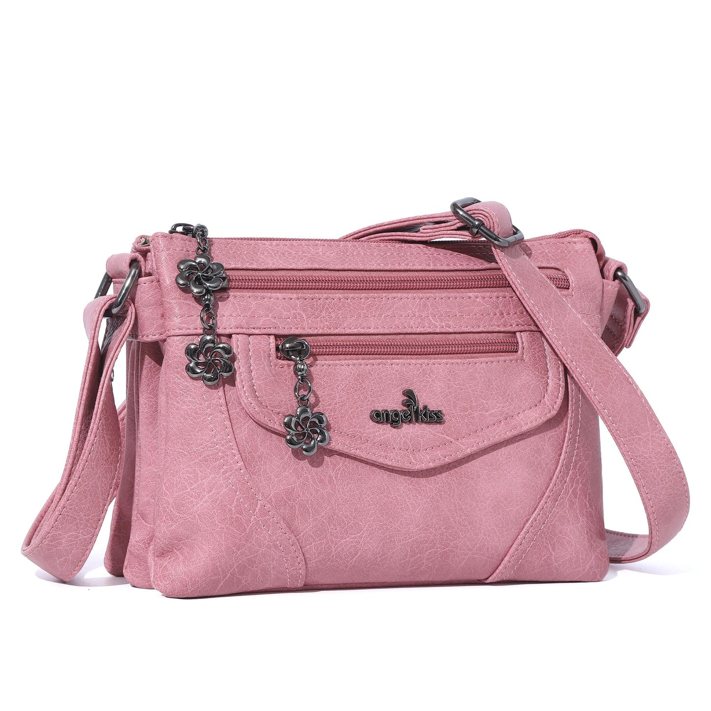 Angel Kiss Small Crossbody Bags for Women, Multi-Pocket Washed Vegan Leather Purses, Lightweight Travel Shoulder Bag with Adjustable Strap for Everyday