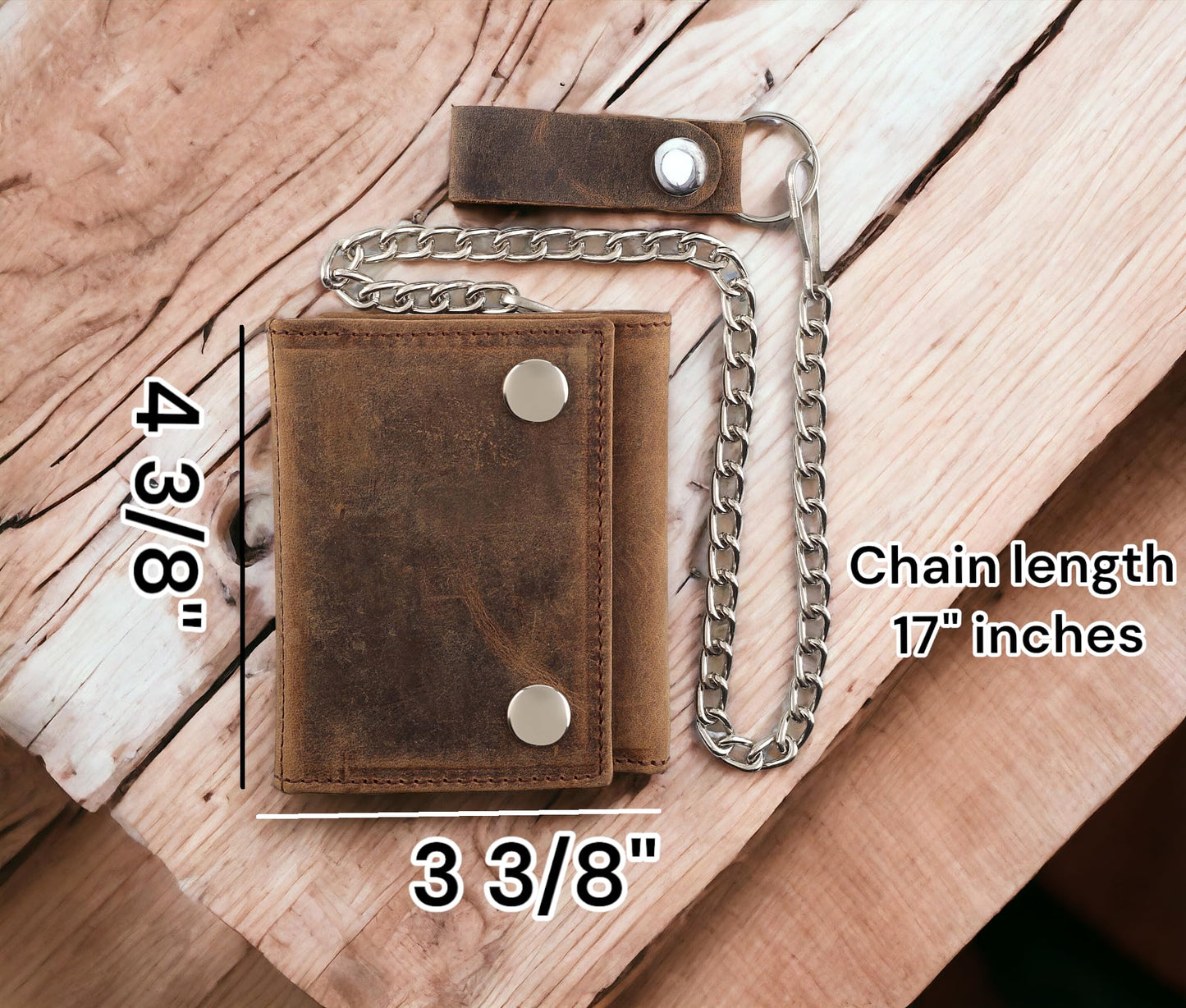 F&L CLASSIC RFID Blocking Men's Tri-fold Vintage Biker Cowhide Leather Steel Chain Wallet,Snap closure, USA,Vintage buffalo brown,315