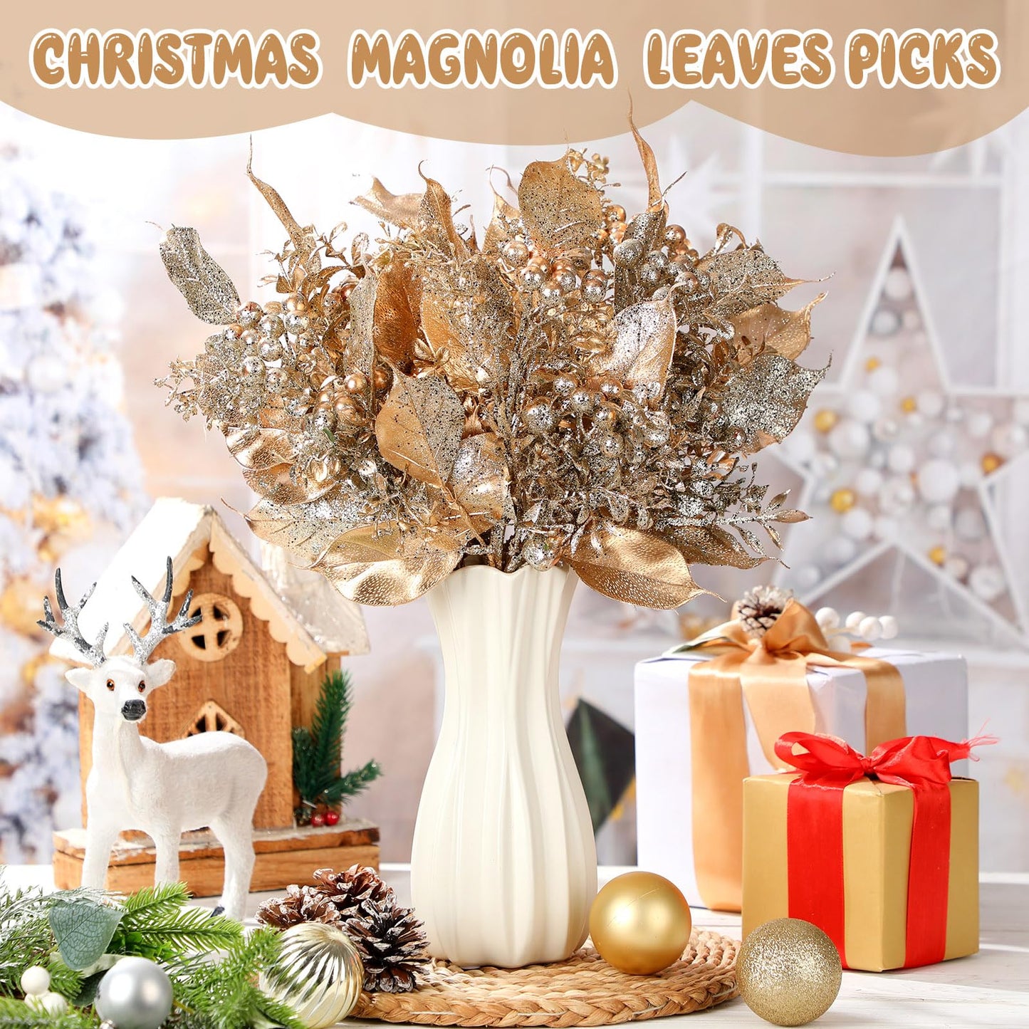 Thiccywoov 6 Pcs 16 Inch Christmas Magnolia Picks Champagne Christmas Tree Picks Glitter Gold Artificial Magnolia Flower Leaves Berries Branches for Xmas Tree Winter Vase Wreath Holiday Decor