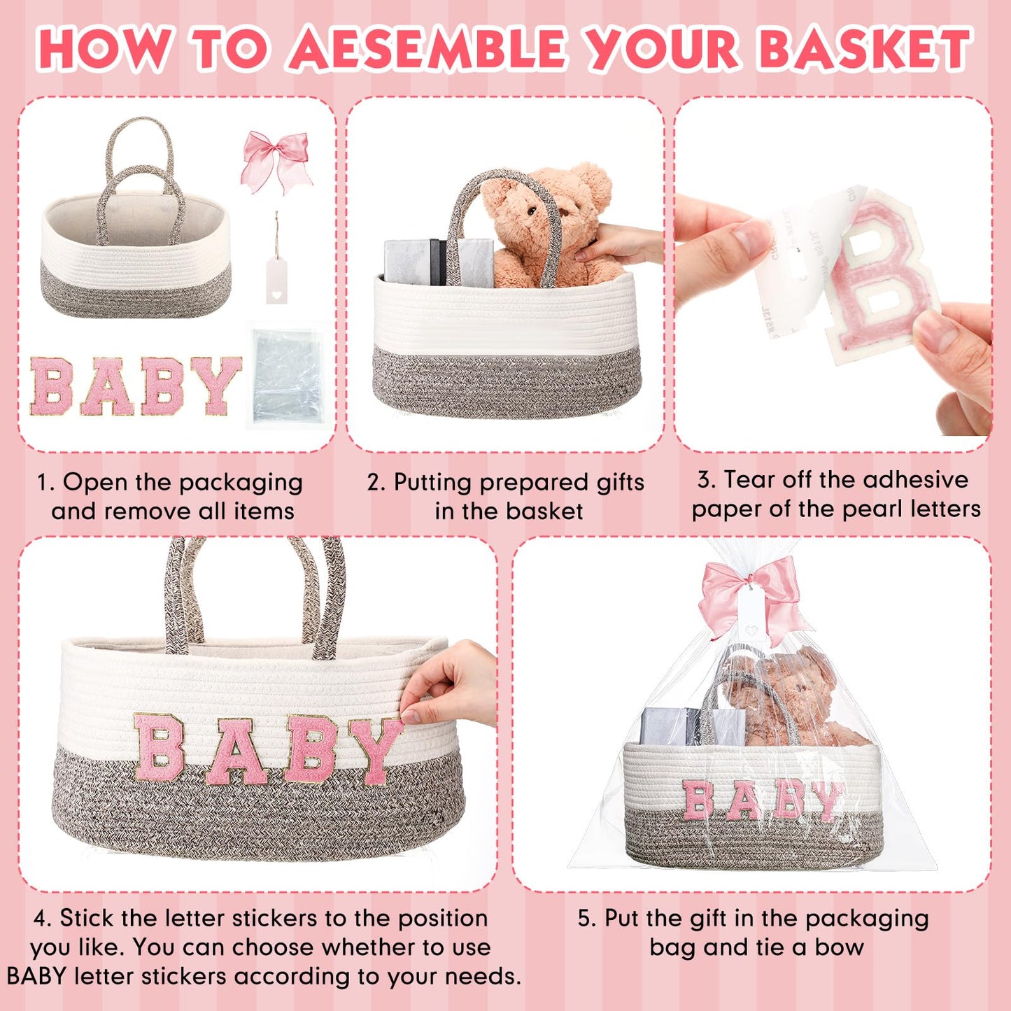 Beeveer Personalized Baby Basket Custom Diaper Caddy Organizer with Bow Portable Cotton Rope Basket Storage for Nursery Baby Shower Christmas Gifts(Pink)