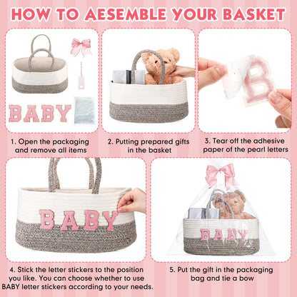 Beeveer Personalized Baby Basket Custom Diaper Caddy Organizer with Bow Portable Cotton Rope Basket Storage for Nursery Baby Shower Christmas Gifts(Pink)