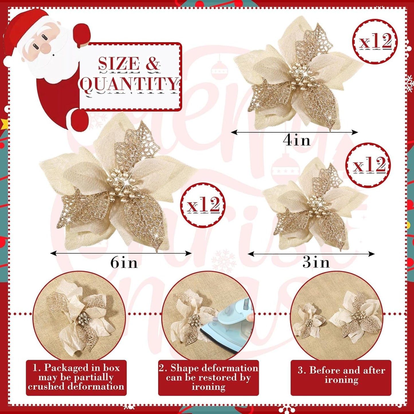 WILLBOND 36 Pieces Christmas Poinsettia Glitter Faux Flowers Christmas Artificial Flowers Tree Ornaments Topper Xmas Decorations(Gold)