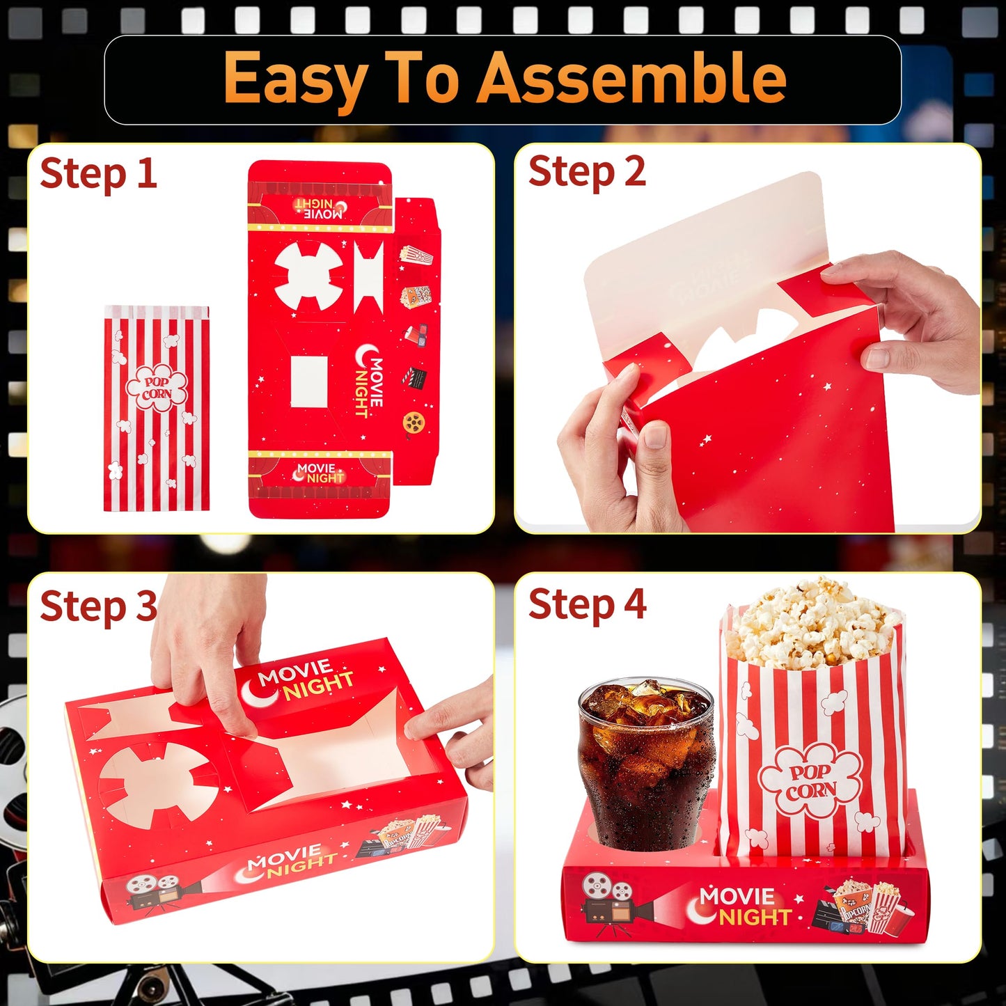 RAYMEA 24Pcs Movie Night Supplies Disposable Paper Movie Snack Trays (12ct) and Retro Style Large Capacity Popcorn Bags(12ct), Drink & Candy Snack Boxes for Cinema Family Birthday Parties