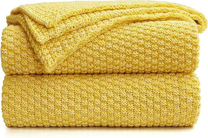 Longhui bedding Yellow Knitted Throw Blanket for Couch Sofa Bed, Soft, Cozy Machine Washable 100% Cotton Sofa Cable Knit Blankets, Large 60 x 80 Inches Oversized, Bright Yellow and White Color