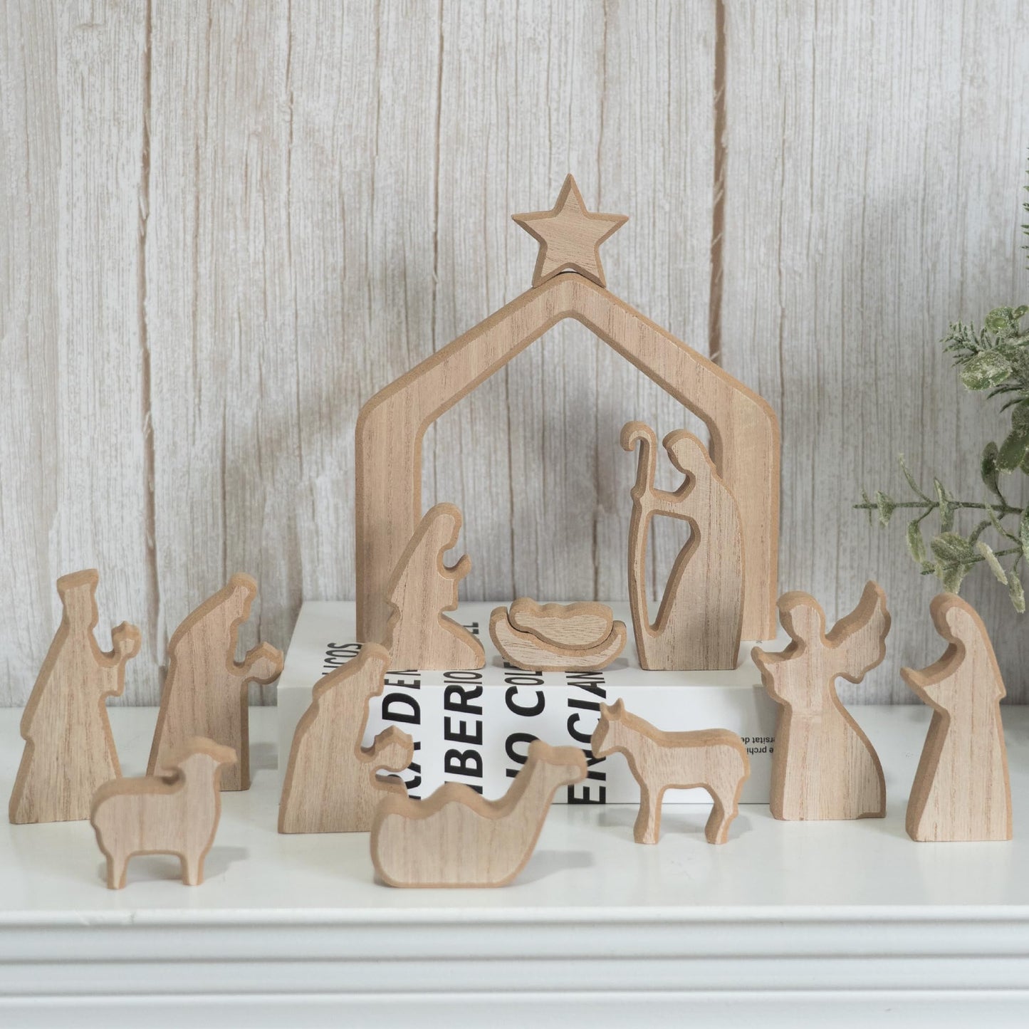 NEROSUN Nativity Scene Set, 13Pcs Wooden Christmas Nativity Scene Miniature Holy Family Figurines, Minimalism Boho Tabletop Christmas Manger Decorations for Christan Indoor Home Mantel Display