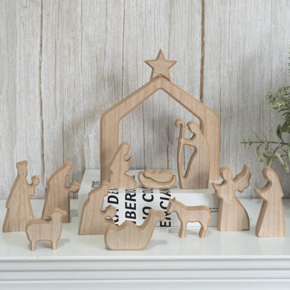 NEROSUN Nativity Scene Set, 13Pcs Wooden Christmas Nativity Scene Miniature Holy Family Figurines, Minimalism Boho Tabletop Christmas Manger Decorations for Christan Indoor Home Mantel Display