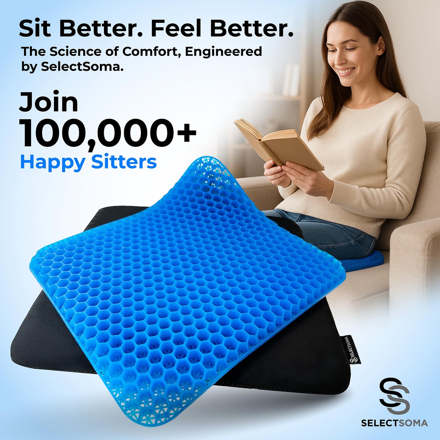 SelectSoma Double-Thick Gel Seat Cushion for Long Sitting Pressure Relief for Back, Sciatica, Coccyx, Tailbone Pain - Cushion for Office Chair, Wheelchair, Car & Truck, Patio Chairs - Egg Seat Pad