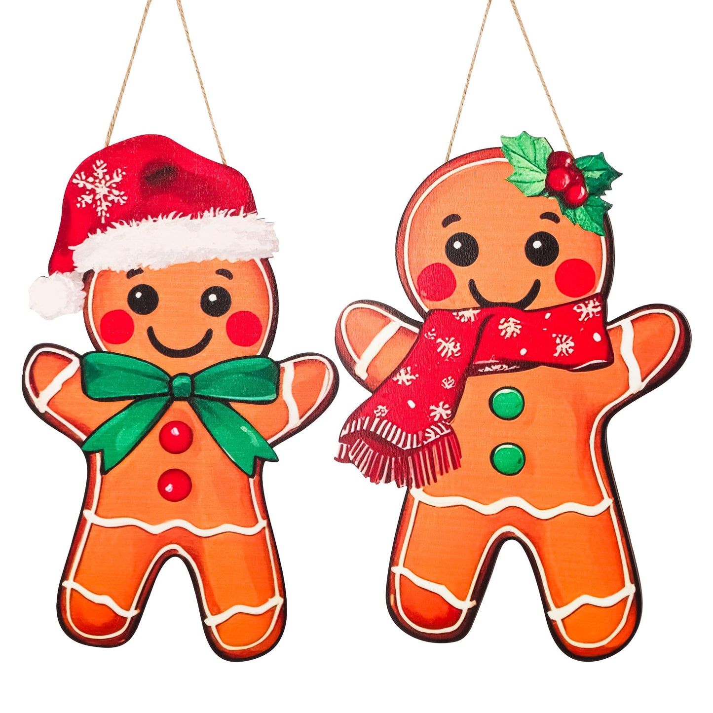 2Pcs Christmas Gingerbread Hanging Signs Gingerbread Men Women Front Door Decor Xmas Red Green Welcome Wreath Hanger for Holiday Porch Window Wall Home Decor