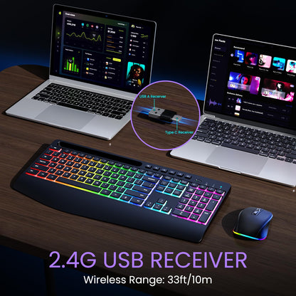 Wireless Keyboard and Mouse Combo- VEILZOR 2.4G Rechargeable Keyboard with Phone Holder, Ergonomic Wrist Rest, 9 RGB Backlit Effects, Silent Keyboard Mouse Set for Windows, Laptop, PC