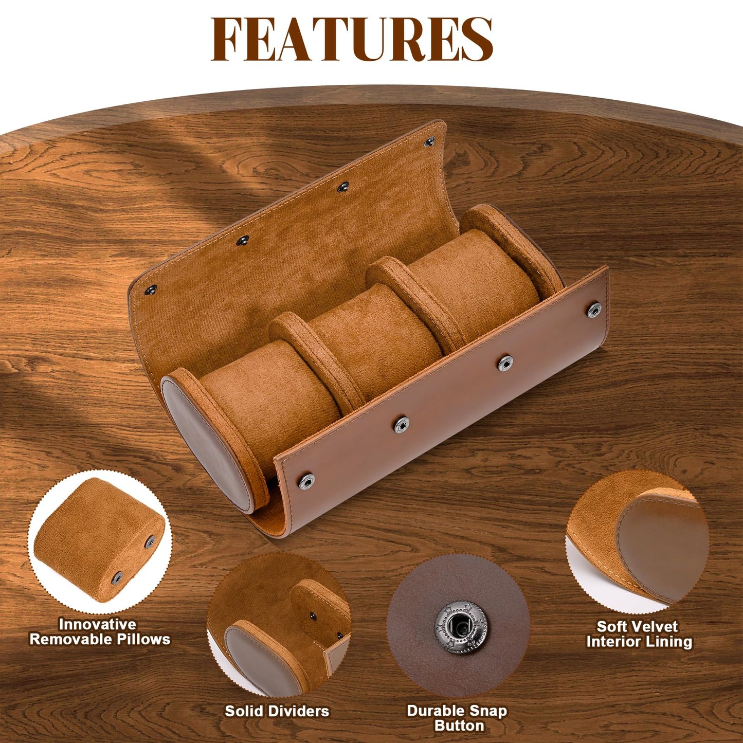 ROSELLE Watch Roll Travel Case for Men and Women- 3 Watch Storage and Organizer-Secure Storage with Innovative Removable Pillows & Solid Dividers for Home, Travel and Display(Brown)