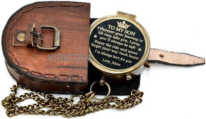 Antique Brass 2 Inch Compass | to My Son I'm Always here for You | Engraved Pocket Chain Compass with Leather Case for Love Mom to Son Antique Compass, Birthday Gift, Graduation Gift