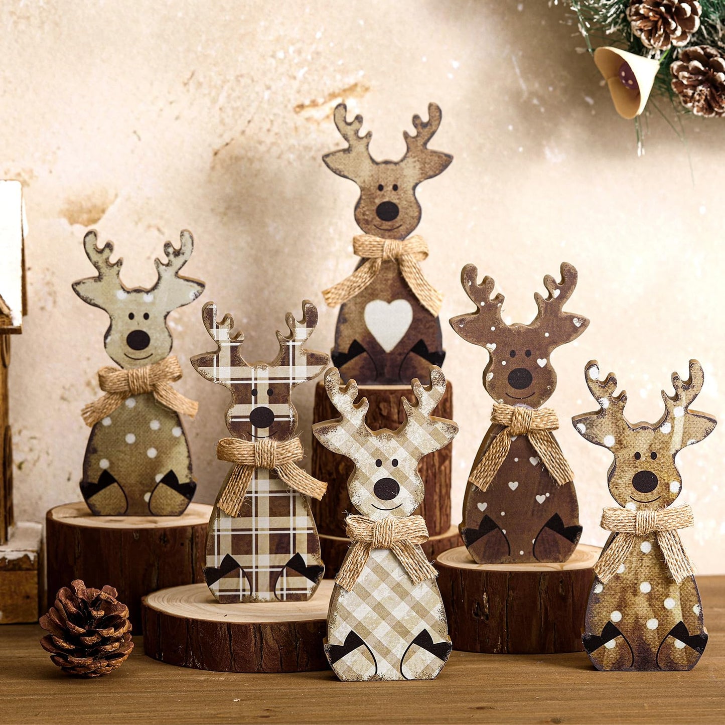 Yousoontic Neutral Wooden House Decor Rustic Farmhouse Spring Tiered Tray Decor Spring Mantel Decoration for Home Desk Shelf Table Centerpiece Decoration(6 Pcs,Reindeer)