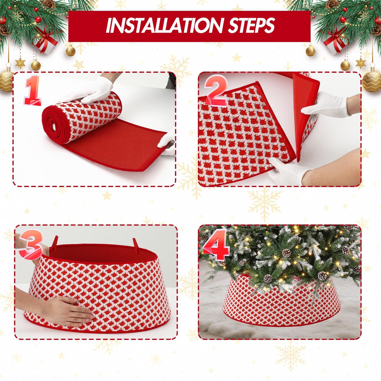 Garvee ﻿33 Inch Christmas Tree Collar Holiday Party Decoration, Diamond-Grid Design Plush Christmas Tree Skirt with 2 Matching Clips, Holiday Home Decor Stand Base Cover, Red