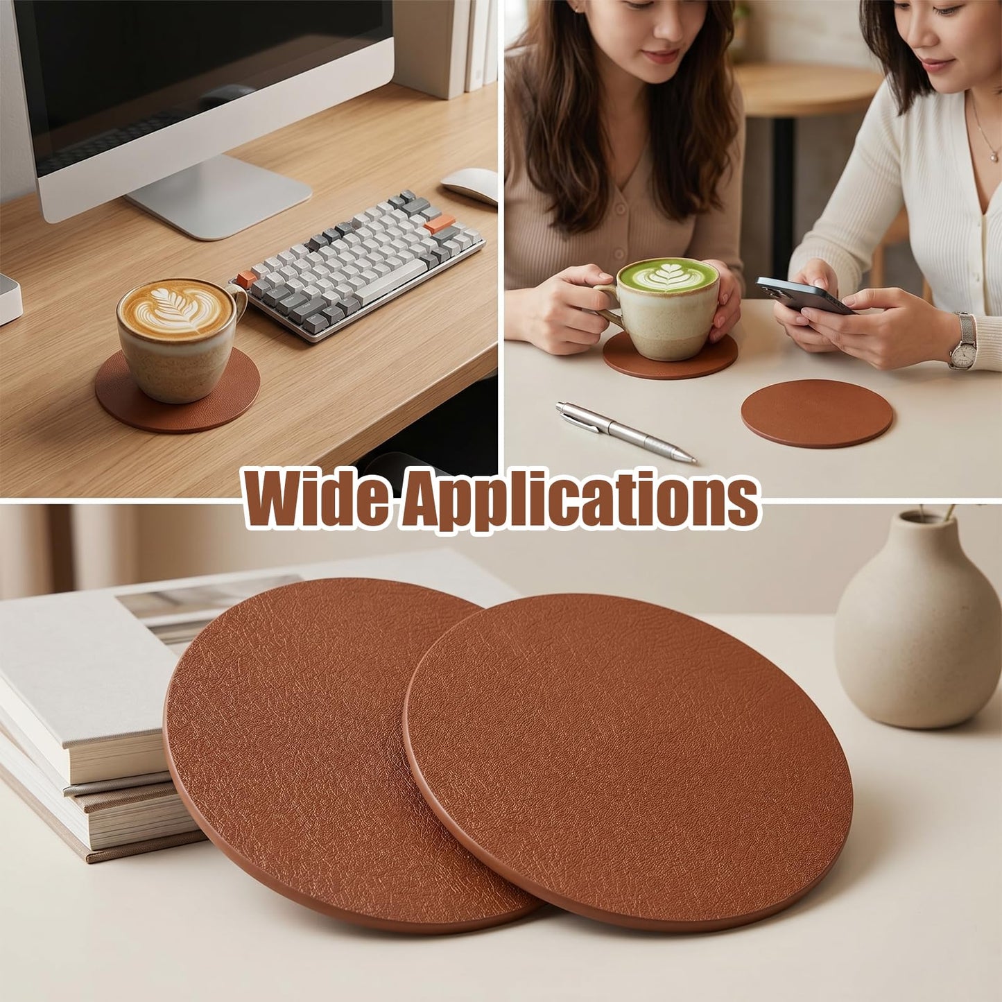 Oqqlin 60 Pcs PU Leather Coasters, 4 Inch Round Leather Coasters 10 mm Thickness Brown Drink Coaster for Home, Coffee, Tabletop Protection, Home Decoration