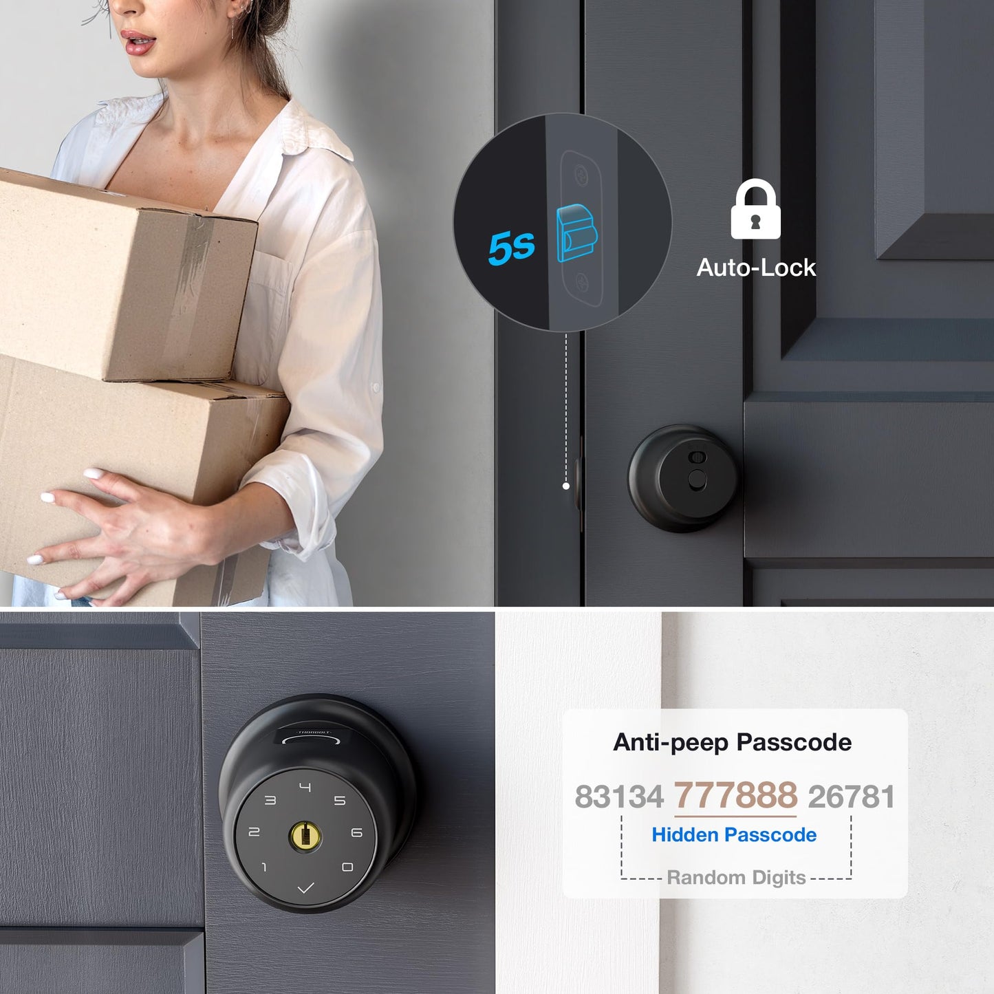 ThorBolt G1 Fingerprint Door Knob Lock with Keypad Biometric Door Knob Auto-Lock 4* AAA Alkaline Batteries Interior Door Lock for Bedroom, Garage, Office, Pantry Door Desert Titanium