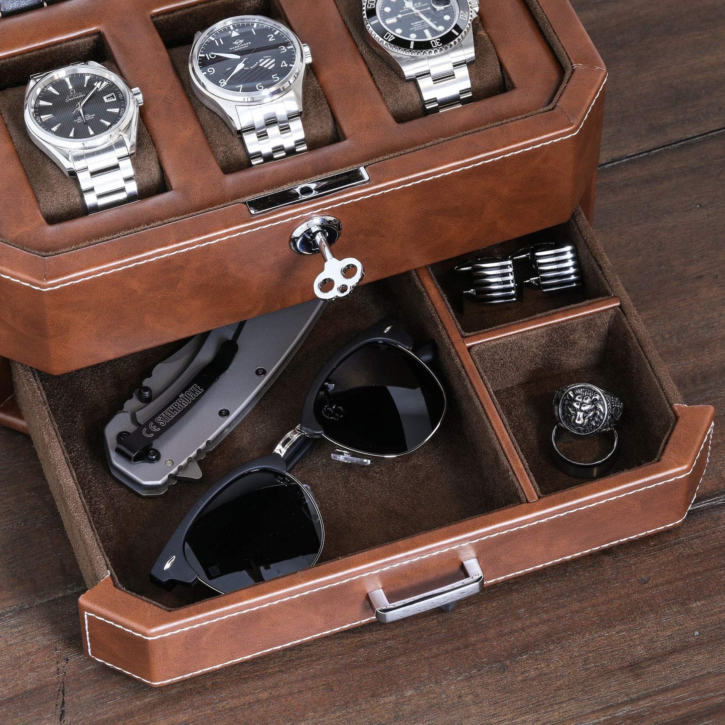 Gift Set 6 Slot Leather Watch Box with Valet Drawer - Luxury Watch Case Display Organizer, Microsuede Liner, Locking Jewelry Box, Mens Storage Boxes Holder Large Glass Top (Tan/Brown Gift Set)