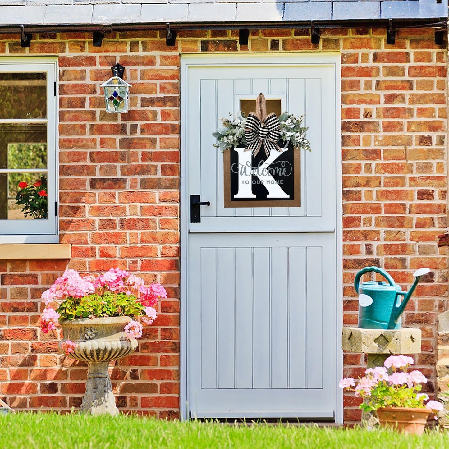 Last Name All Year Round Front Door Wreath with 26 Initial Letter Welcome Sign All Seasons Eucalyptus Garland and Bow ，Farmhouse, Porch, for Spring Summer Fall All Seasons Holiday Halloween Christmas.（K）