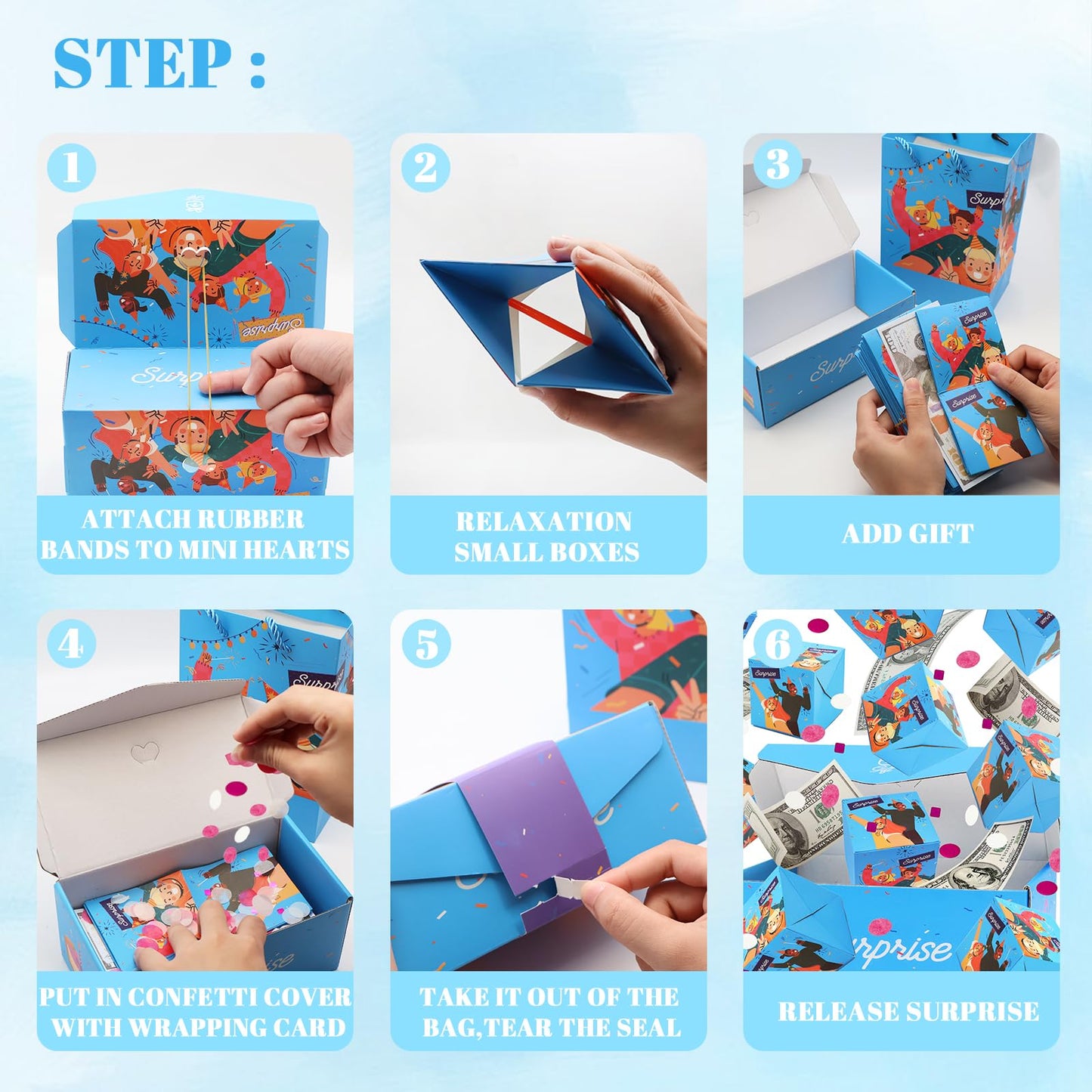 Surprise Gift Box Explosion for Money, Unique Folding Bouncing Red Envelope Gift Box with Confetti, Cash Explosion Luxury for Birthday Anniversary Valentine Proposal (15 Bounces) (Blue)