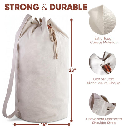 Handy Laundry Canvas Duffel Bag - Drawstring, Leather Closure, Shoulder Strap. (2-PACK)