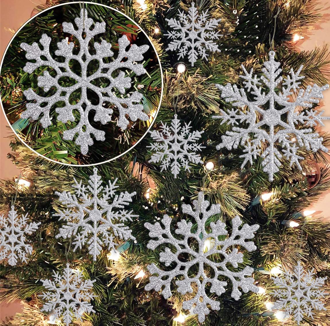 36 Pack Silver Snowflake Ornaments Plastic Glitter Snow Flakes Ornaments for Winter Christmas Tree Decorations Size Varies Craft Snowflakes