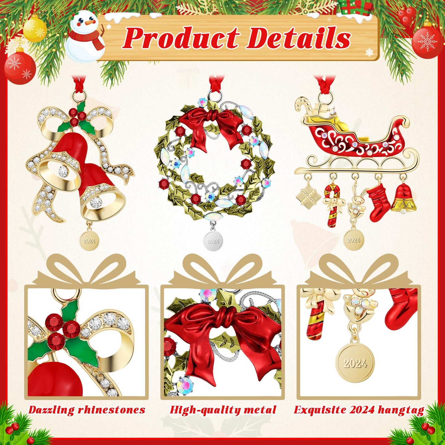 3 Pcs 2026 Christmas Crystals Hanging Ornaments Snowflake Snowman Holiday Ornament Shimmer Metal Bell Wreath on Ribbon with Gift Box for New Year Gift Xmas Tree Sun Catcher Home Hanging Decor(Holiday)