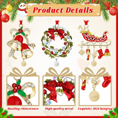 3 Pcs 2026 Christmas Crystals Hanging Ornaments Snowflake Snowman Holiday Ornament Shimmer Metal Bell Wreath on Ribbon with Gift Box for New Year Gift Xmas Tree Sun Catcher Home Hanging Decor(Holiday)