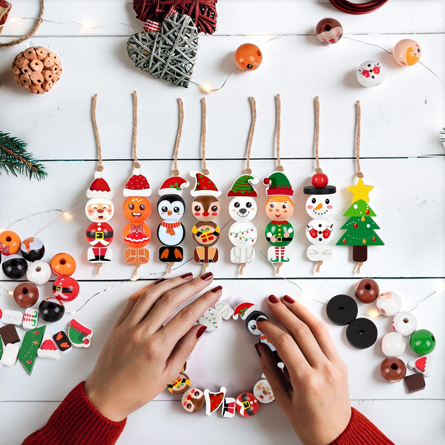 40Sets Christmas Wooden Beads Ornaments Crafts Kits：DIY Xmas Santa, Elf, Gingerbread, Penguin, Reindeer, Snowman, Tree Winter Decorations Stocking Stuffers Goodie Bag Party Supplies