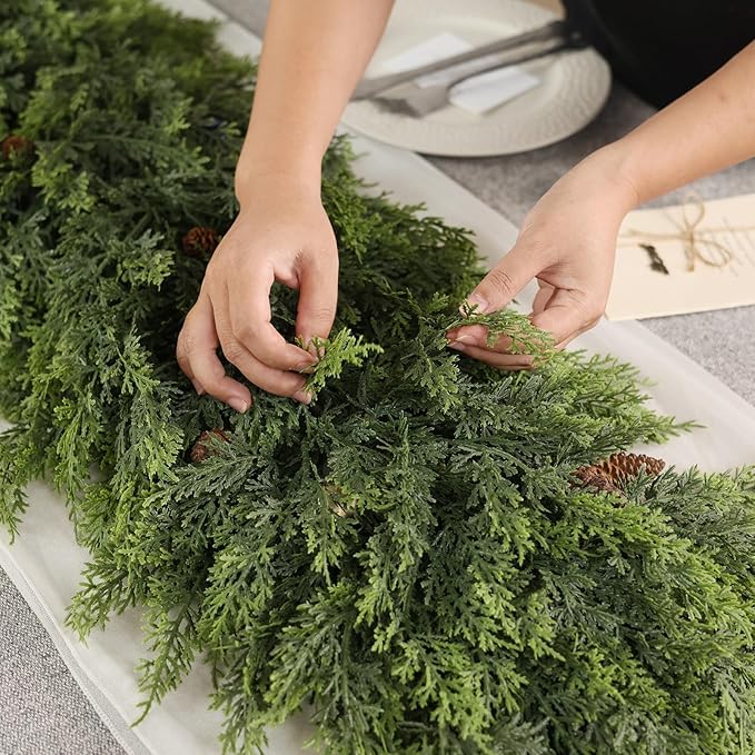 9FT Real Touch Cedar Garland for Fireplace - Artificial Christmas Garlands Realistic Faux Greenery Fake Pine Needles Garland for Holiday,Table, Window,Mantel,Stairs, Home,Indoor Outdoor Decor (2PCS)
