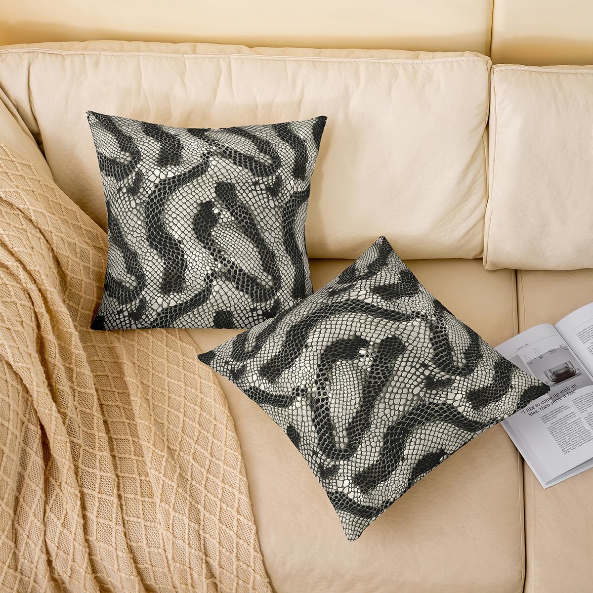 Snake Throw Pillow Covers Black Serpent Skin Square Pillow Cases | Tropical Desert Wild Animals Decorative Pillowcases African Safari Animals Cushion Covers 20"*20"*2(Inserts Not Included)