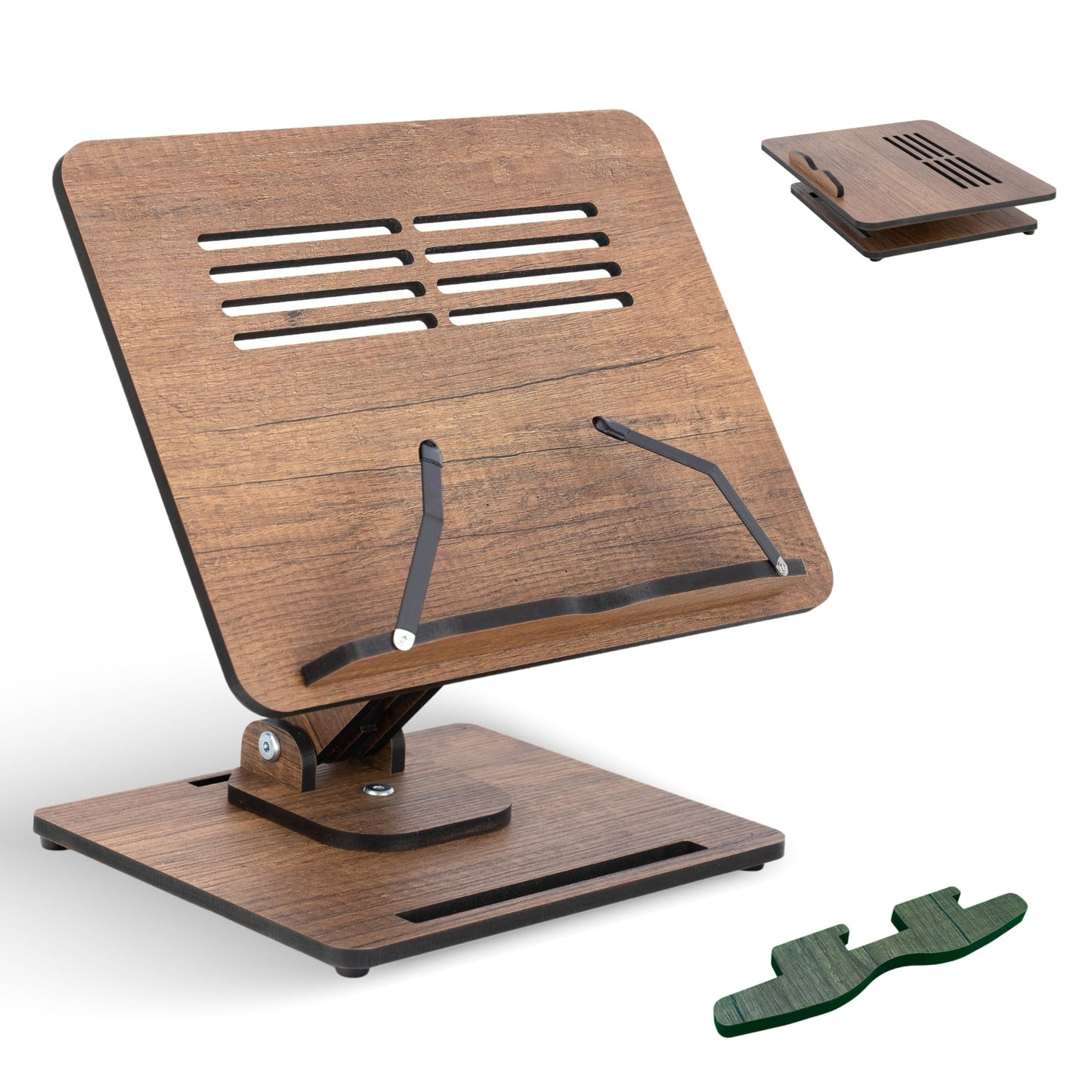 Vigo Wood Book Stand for Reading 360° Adjustable, Wooden Laptop Stand, Cookbooks Holder, Music Scores, Featuring Multi-Height Angles and Foldable Design with Page Clips.