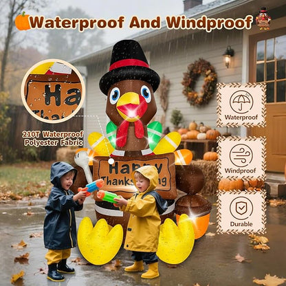 Thanksgiving Inflatables Turkey Outdoor Decorations 6FT Fall Inflatable Turkey with Built-in LED Lights with Colorful Tail Blow up Outdoor Lawn Yard Decoration