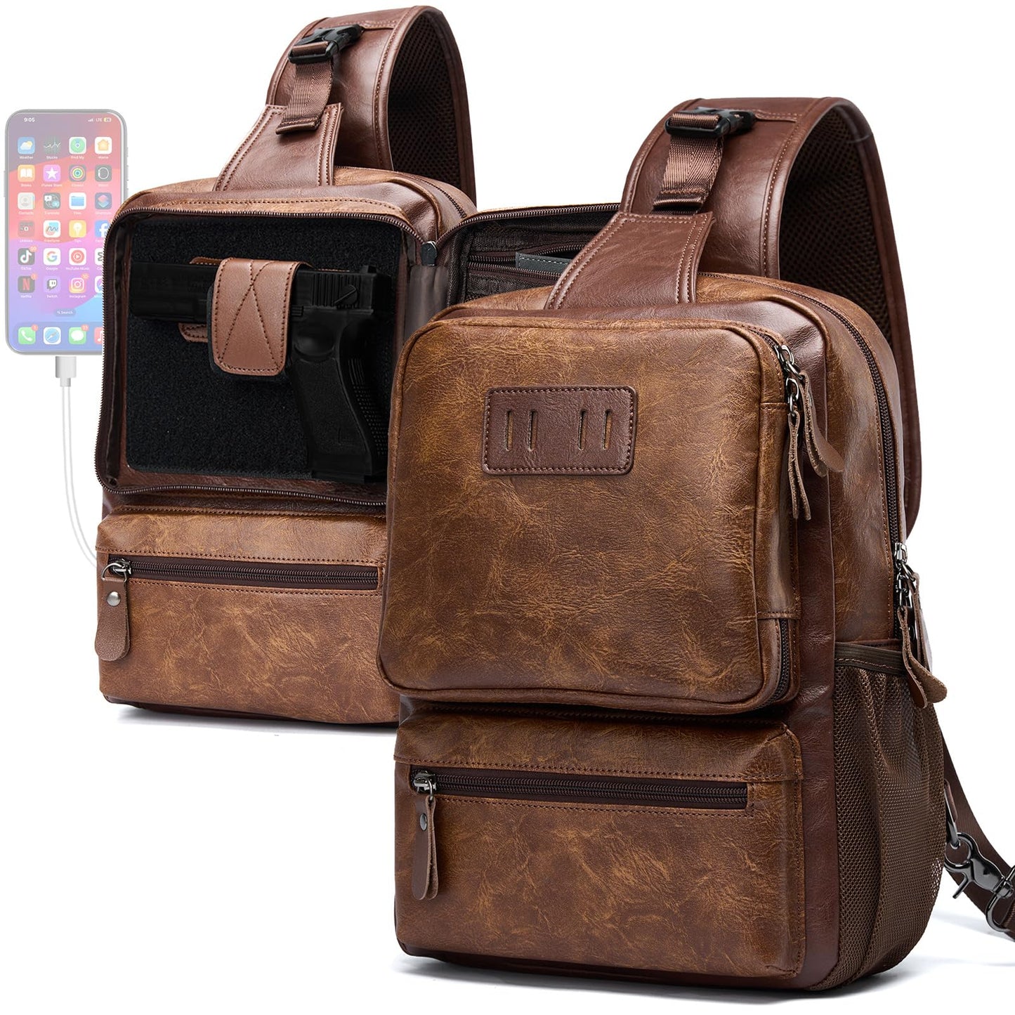 MOYYI EDC Crossbody Bag for Men Leather Sling Bag, Tactical Chest Bag with USB Charging Port, 7L Small Casual Daypacks for Travel