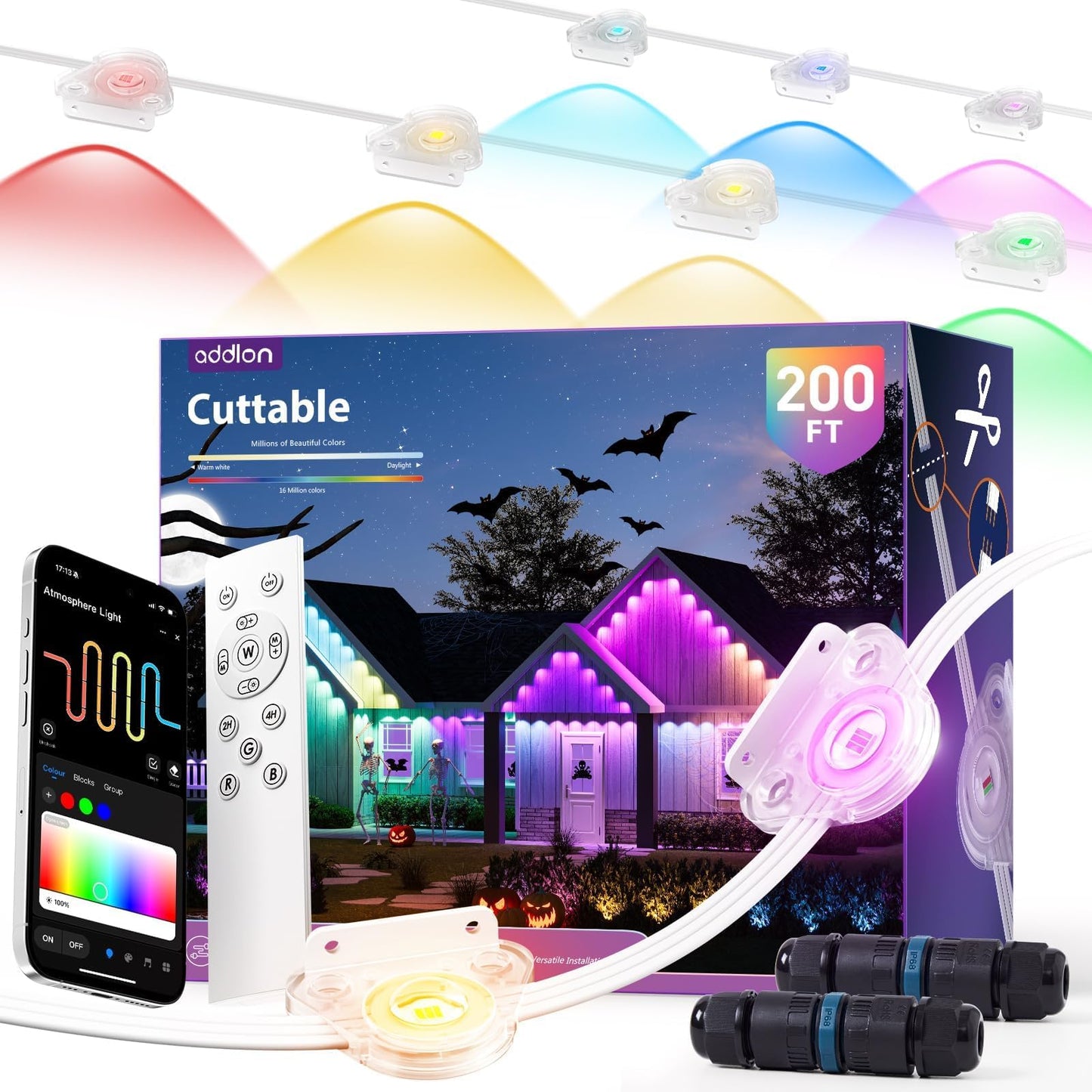 addlon 200FT Permanent Outdoor Lights, Cuttable & Extendable Smart RGB+IC LED Lights for House & Outdoor, App & Remote Control, IP67 Waterproof for Christmas, Holiday, Party, Halloween Decorations