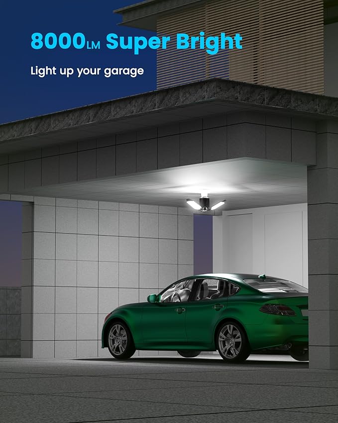 Motion Sensor Garage Light 80W 8000LM, Motion Activated Shop Light with 360° Detection and 3 Deformable Panels, 3 Modes Screw-in Garage Ceiling LED Bulb for Indoor Basement, Attic 1-Pack