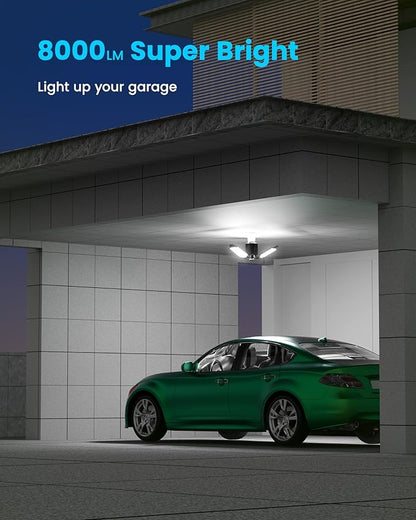 4-Pack Garage Lights with Motion Sensor, 8000LM Motion Sensor Light Indoor with 3 Deformable Design and Auto-Off, E26 Screw-in 6500K Motion Activated Bulbs for Ceiling/Basement